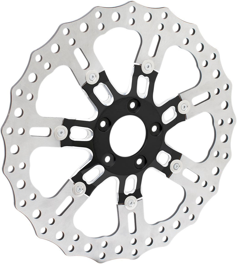 Arlen Ness Two-piece Floating Brake Rotor - Contour, 7-Valve, 420 High-Carbon Stainless Steel /  Aluminum - Black / Silver for Harley-Davidson Touring 2008-2013