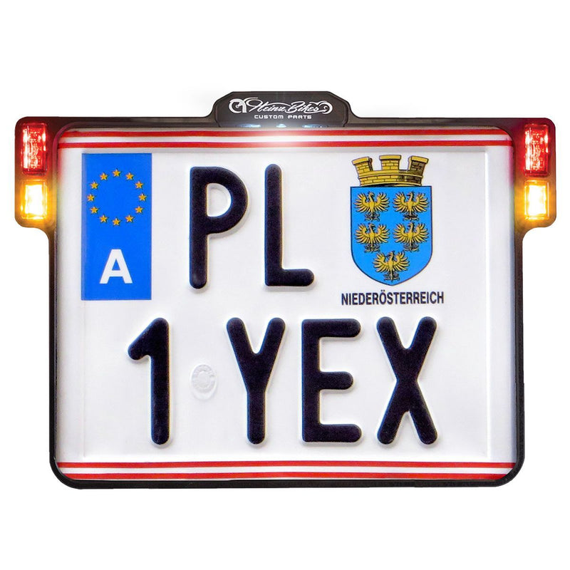 Heinz Bikes All-in-one 2.0 License Plate Holder W/ LED Plate Lights, Brake and Rear Lights - Each, Austria Plate Size, 21 cm (8-1/4")
