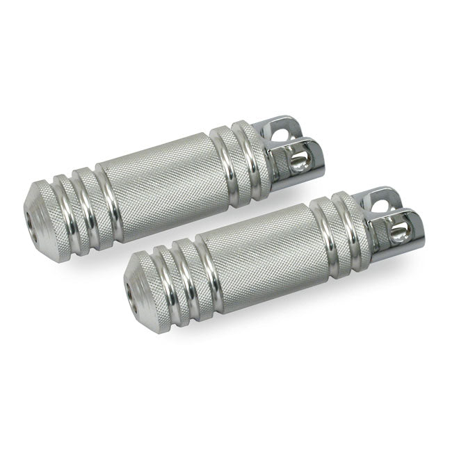 MCS Knurled Aluminium Foot Pegs. Large Diameter. Polished – Traditional Early H-D Female Mount
