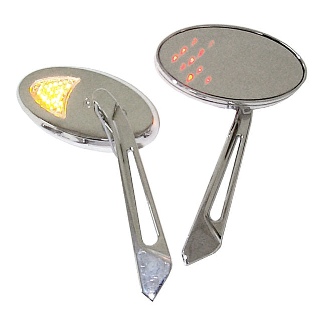 MCS LED Cateye Turn Signal Mirror Set. Chrome, Amber Front Lens – 65-Up H-D